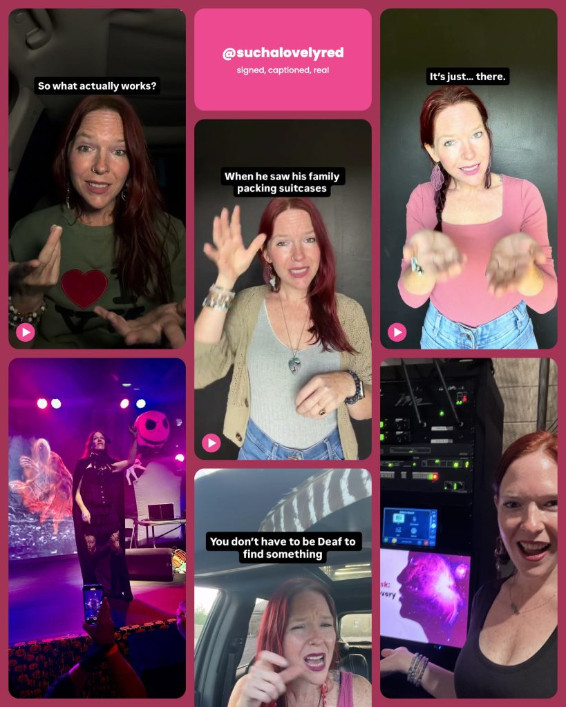 A collage of Rach signing in her social media videos and on stage